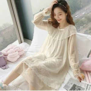 Damen Spitze Rüschen Nachtkleid Retro Lolita Nachtwäsche Nachtwäsche Langarm Fee - Bild 1 von 14