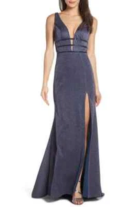 Mac Duggal 50571 Triple Band Beaded Waist Metallic Gown SZ 12 Navy - Picture 1 of 2