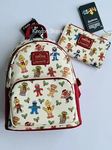2022 Sesame Street All Over Print Christmas Loungefly Backpack & Wallet Set NWT - Picture 1 of 7