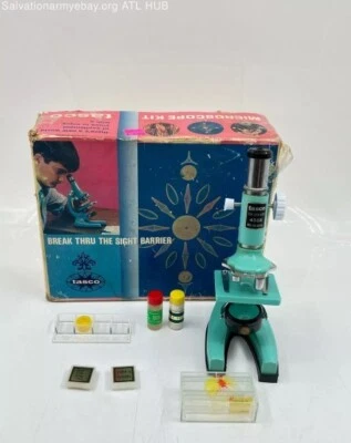 Tasco Vintage 450X Discoverer Mini Microscope Kit 75X 150X Box Slides Size 992 - Image 1 of 4