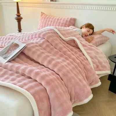 Artificial Rabbit Fur Plush Throw Blanket Warm Soft Blankets for Bed Sofa Plaid - Image 1 of 4