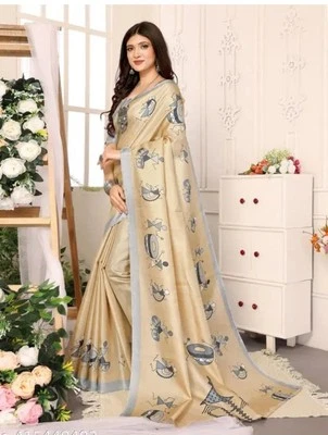 Blusa de diseñador Sari Bollywood arte nupcial seda beige sari boda sin costuras Foto 1 de 3