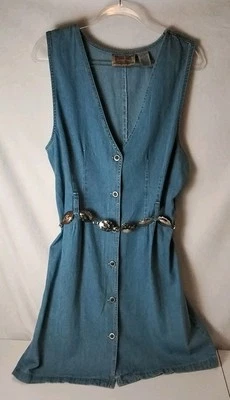 Studio Ease Vintage 90's Denim Button Down Sleeveless Dress Size 16 Conch Belt - Image 1 of 4