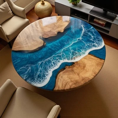 Handmade Blue Epoxy Resin Ocean Table: Natural Wood Round Table - Image 1 of 4