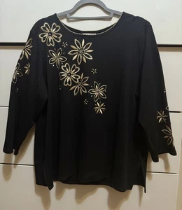 Alfred Dunner Damen große schwarz gold Blumen bestickt Tunika Bluse Top - Bild 1 von 8