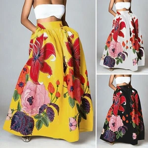 Women's Floral Printing Maxi High Waist with Pocket Party Beach Long Skirts - Picture 1 of 26