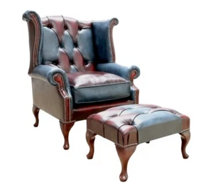 Chesterfield XL Queen Anne Comfy Patchwork Red & Blue Real Leather + Footstool - Picture 1 of 3
