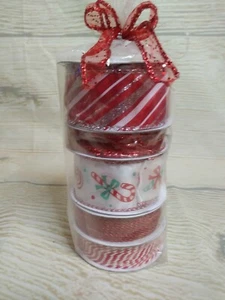 New Deluxe Ribbon Pack Candy Cane Red Ribbon 1.5" &  5/8" x 9 FT Wired Christmas - Picture 1 of 5