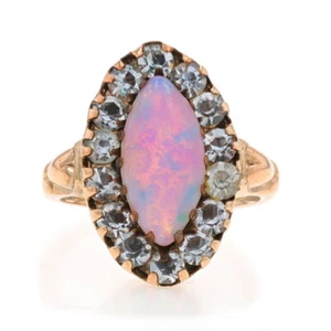 Yellow Gold Simulated Opal Rhinestone Vintage Halo Ring - 10k Marquise Cabochon - Picture 1 of 10