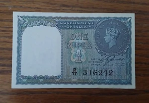 Government of India 1940 One Rupee Banknote  -no folds, wrinkles or tears - Picture 1 of 2