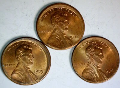 1994 1995 & 1996 OFF CENTER ERROR Lincoln Cent Coins Unc. / BU  3 Coin LOT #2 NR - Image 1 of 4