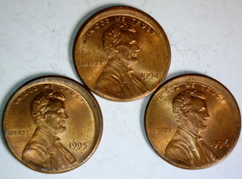 1994 1995 & 1996 OFF CENTER ERROR Lincoln Cent Coins Unc. / BU  3 Coin LOT #2 NR Cover