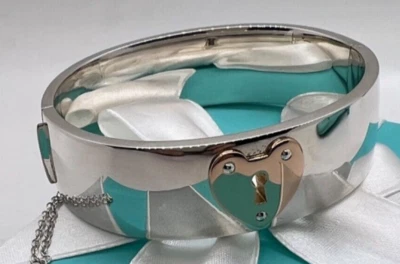NEW Tiffany Heart Lock Cuff Bracelet Sterling Silver 925/ 18KR Gold Rare Germany - Image 1 of 4