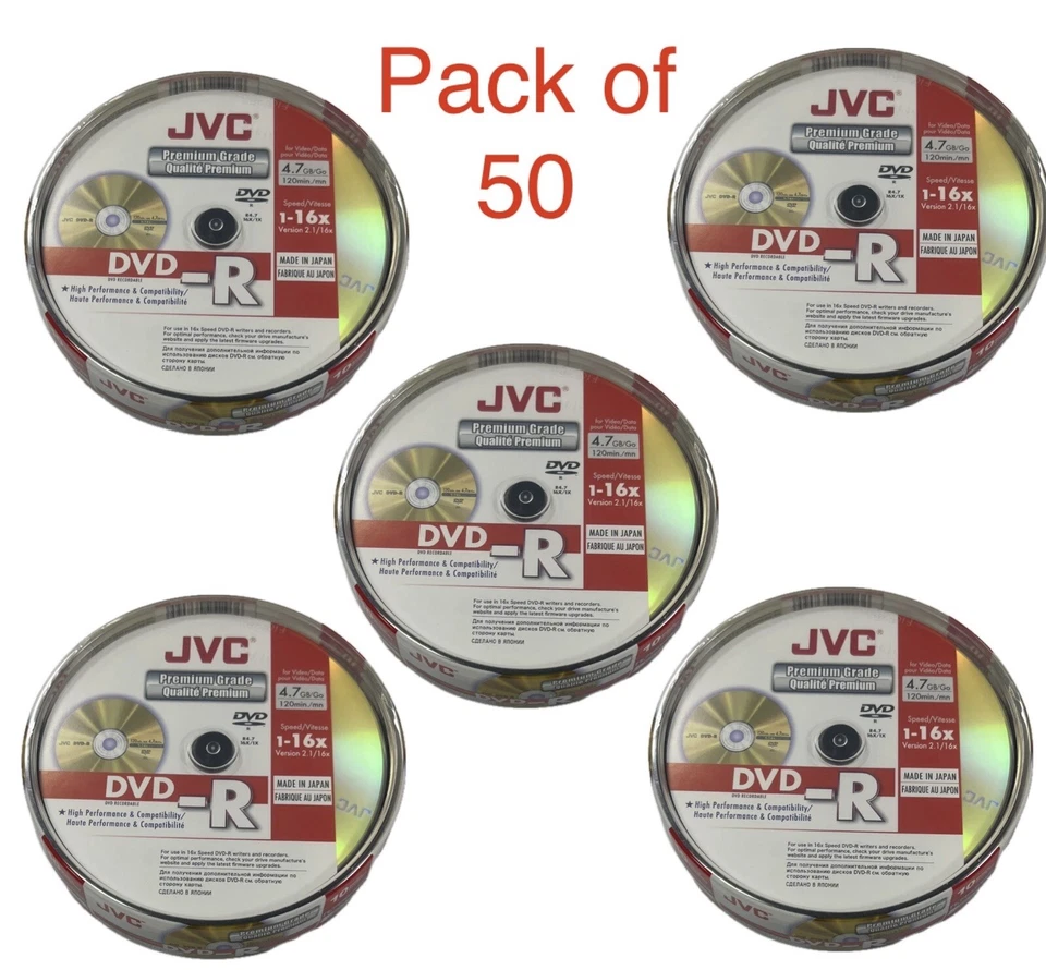 JVC DVD-R 16x Speed PREMIUM Blank Discs 4.7GB 120 mins (Pack of 50 ) Spindle - Image 1 of 3