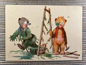 Arte salac animales antropomórficos oso caída a través de escalera rota postal checa - Imagen 1 de 2
