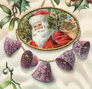 Christmas Santa Claus Frosty Purple Bells Gilt Frame Holly Berry Postcard B284 - Picture 1 of 3