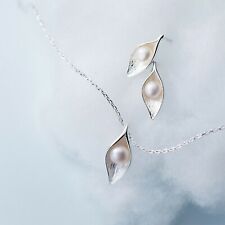 925 Sterling Silber Pearl Leaf Pea in Pod Halskette Anhänger Ohrringe Ohrstecker Set