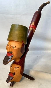 Vintage MCM Hand Carved Wooden Smoking Pipe 2 Carved Faces Hat Shaped Bowl - Picture 1 of 7
