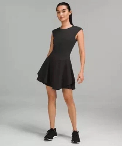 LULULEMON Black Everlux Perforated Mesh-Back Tennis Dress 6 = S Logo Dance Gym - Image 1 of 4