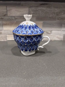 Taza Red Cobalto Lomonosov con Tapa 22K ORO BORDE DECORACIÓN USADA EN EXCELENTE ESTADO - Imagen 1 de 7