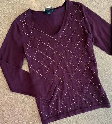 TOMMY HILFIGER ¡Nuevo! Suéter Pullover Oro V Tachonado Argyle Cuello $60 Nuevo con Etiquetas S Foto 1 de 4