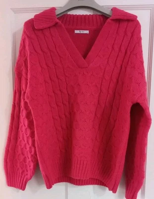 TU Long Sleeved V-neck Fuchsia Pink Stretch Knit Jumper Size  14 (Pls Read) - Image 1 of 4
