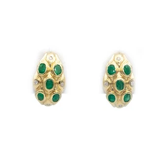 14k Yellow Gold 1.03CT Diamond and Emerald Curved Huggie Style Earrings - Picture 1 of 4
