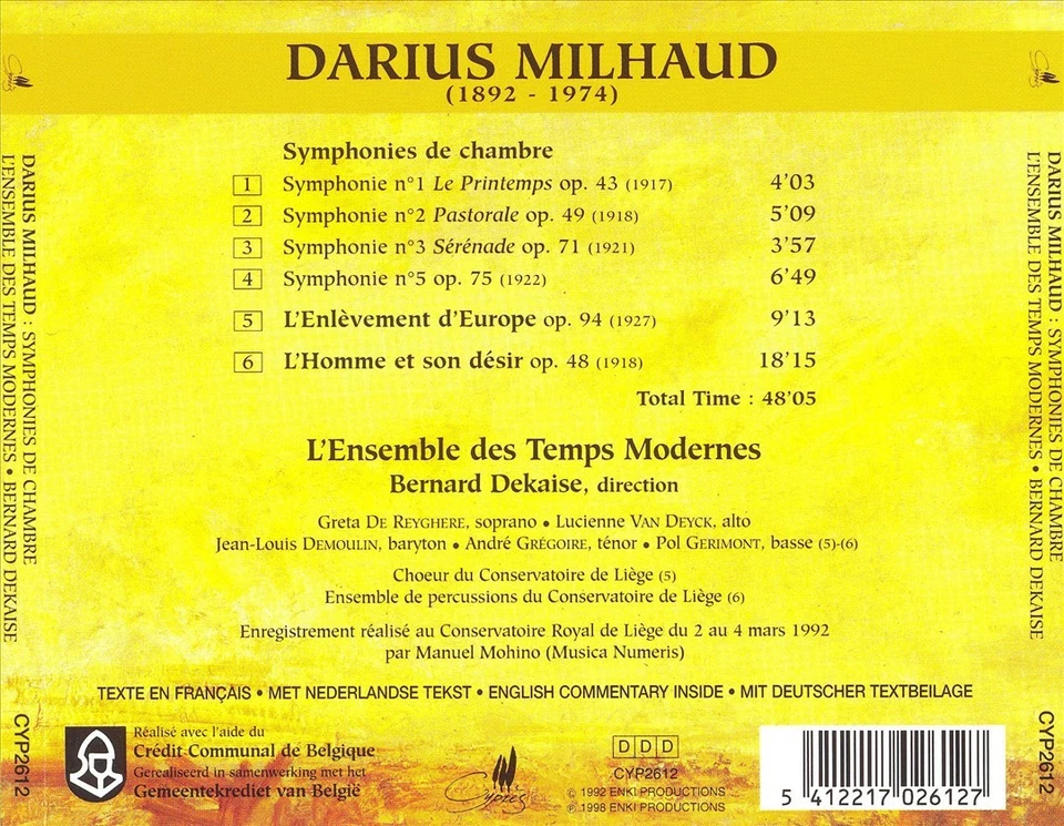 MILHAUD: SYMPHONIE DE CHAMBRE; L'ENLŠVEMENT D'EUROPE; L'HOMME ET SON D‚SIR NEW C - Image 1 of 1