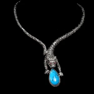 925 Sterling Silver Necklace Pear Turquoise Ruby Marcasite Tiger Gemstone 17in - Picture 1 of 14