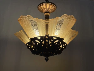 Lampadario REWIRED antico vintage art deco vetro paralume scorrevole anni 20 30 semi incasso - Foto 1 di 24