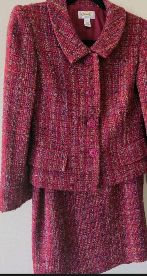 Traje Falda Talbots Talla 6 P Morera Rosa Rojo Púrpura Tweed Bolsillos Foto 1 de 4