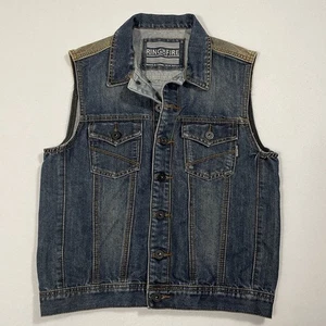Ring of Fire Herren Weste Gr. S Blau Denim Ärmellos Grunge Taschen Metallband - Bild 1 von 16
