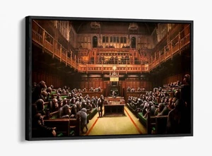 BANKSY MONKEY PARLIAMENT -DEEP FLOAT EFFECT FRAMED CANVAS WALL ART PRINT - Picture 1 of 12