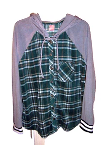 No Boundaries Fleece Snuggle Hoodie Sz Junior XXL 19 Hoodie Green/Gray Plaid EUC - Picture 1 of 7