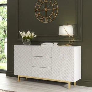 140cm White Sideboard Cabinet | Diamond Pattern | 3 Drawers & 2 Doors | Gold Leg - Picture 1 of 15