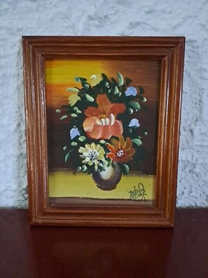 Tableau, peinture miniature " Pot de Fleurs " signé - Photo 1/4