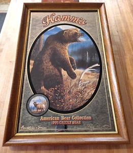 Vintage 1993 Hamm's Beer Grizzly Bear Mirror American Bear Collection Wood Frame - Picture 1 of 11