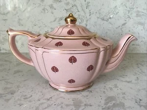 Antike 1937-1947 Sadler Teekanne 4 Tassen rosa mit roten Blättern & Gold vergoldet - Bild 1 von 11