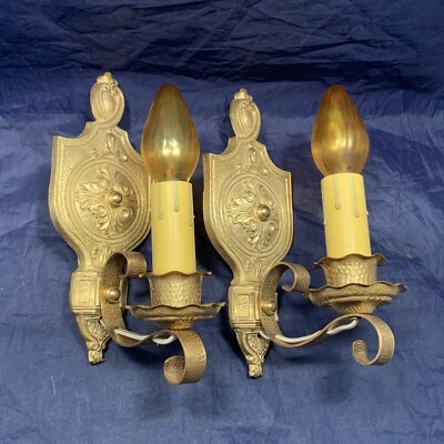 Пара качественных антикварных латунных бра кованая миссия искусство и ремесла 94F - Изображение 1 из 4