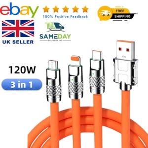 3 in 1 Heavy Duty Braided Long USB Fast Charger Cable Lead For iPhone Samsung - Picture 1 of 20