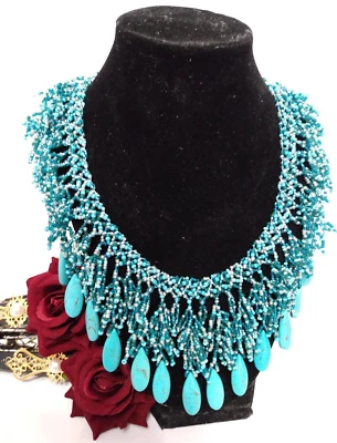 126 - Gargantilla babero gruesa elegante hecha a mano con cuentas de semillas de vidrio delicado 10" turquesa  Foto 1 de 4