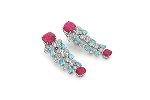 Lab-Created 11.00CT Ruby, 4.40CT Aquamarines & 3.20CT Diamonds Fabulous Earrings - Picture 1 of 4