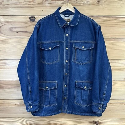 The Haband Tailgater Coat Mens Medium Denim Jean Jacket Sherpa Lined Snap Up HR - Image 1 of 4