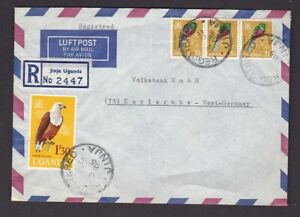Uganda JINJA registered air mail letter to Germany 1965 20cx3 + 1s30 Fish Eagle