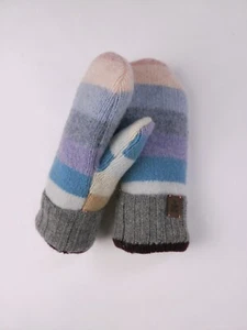 Wool Sweater Mittens Upcycled Gray Purple Striped  Sherpa Fleece Lining Adult S - Picture 1 of 9