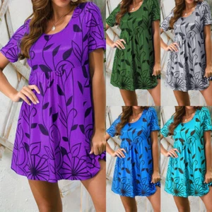 Plus Size 20 Womens Floral Mini Dress Ladies Short Sleeve Casual T Shirt Dresses - Picture 1 of 33