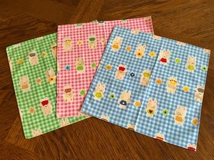 3 Vintage Gingham Rabbit Fabric Kid's Handkerchiefs - UNUSED - Picture 1 of 4