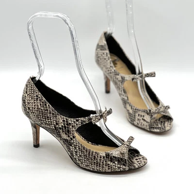 KATE SPADE Snake Embossed Open Toe Bow Heel Womens 6.5 Brown Cream Pump Shoes Foto 1 de 4