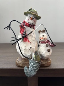 Vintage Heavy Resin Fishing Snowmen Stocking Holder Catching Trout In Net - Picture 1 of 9