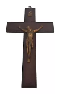 Vintage Large Wood Brass Wall Cross Crucifix Holy Religious Christ 38CM - Picture 1 of 10